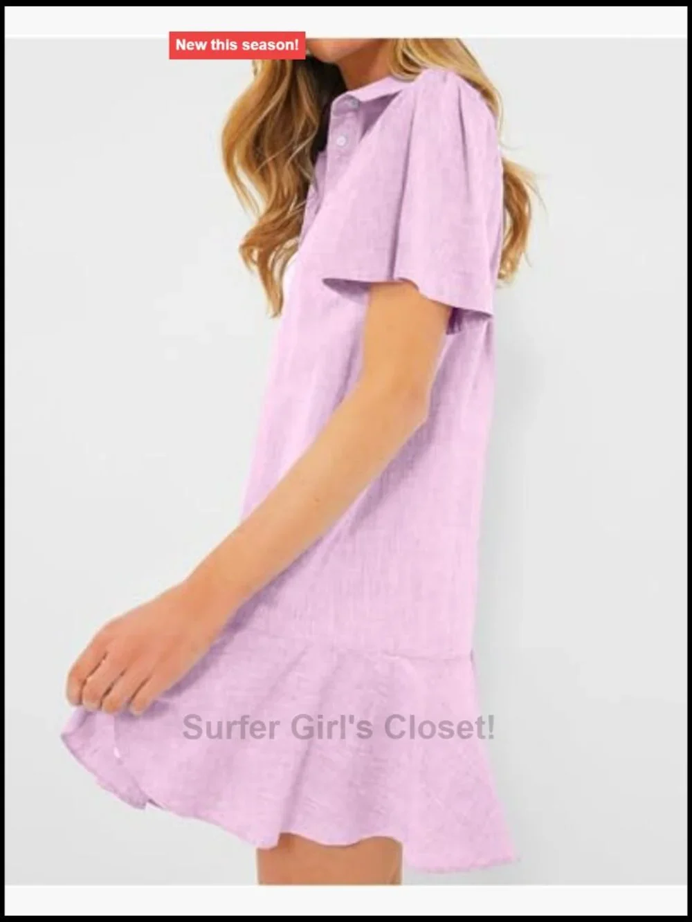 Women's Cotton Linen Short Sleeve Ruffle Hem Button Down Mini Shirt Dress